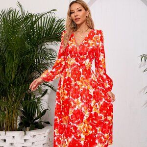 Printed Surplice Long Sleeve Midi Dress